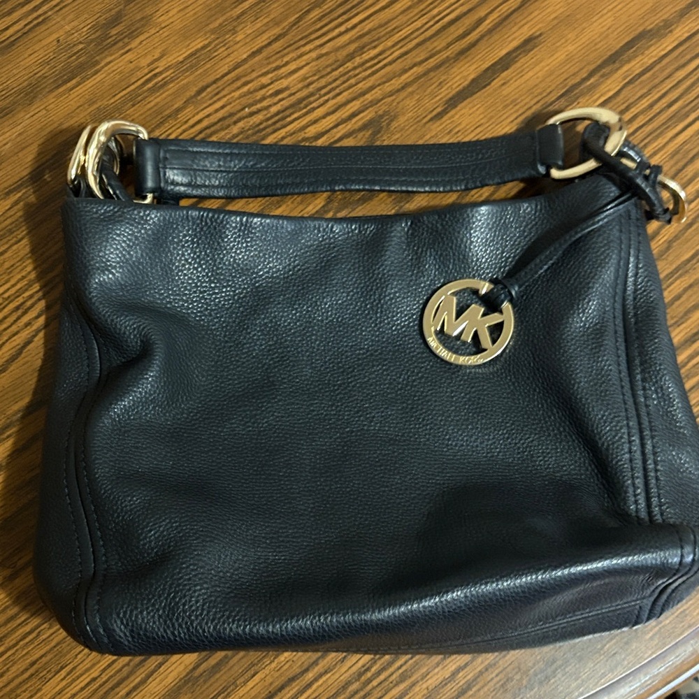 Michael Kors Black Leather Shoulder Bag with Gold Accents